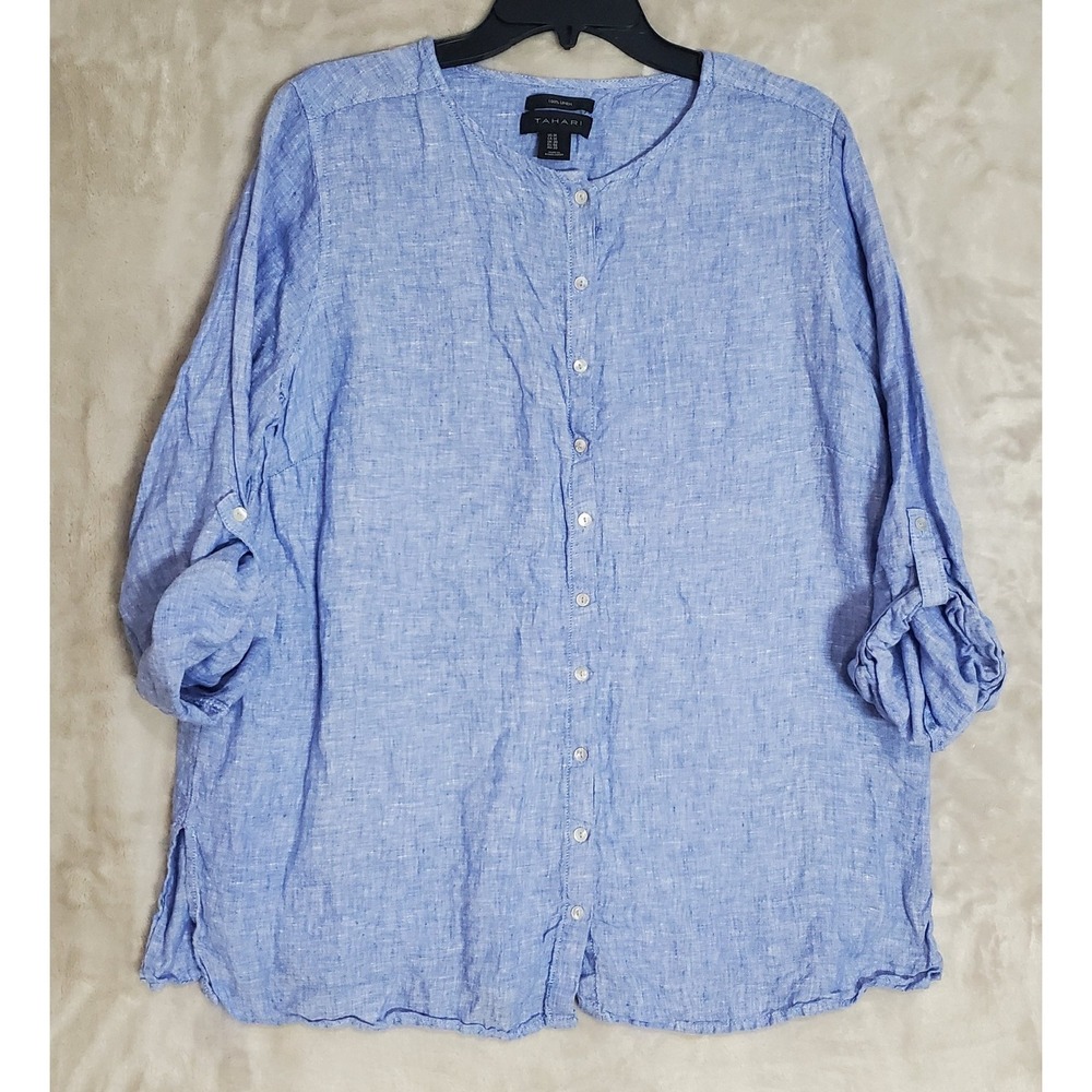 TAHARI Top Womens 1X My Perfect Shape 100% Linen Button Down Blue Tunic EUC